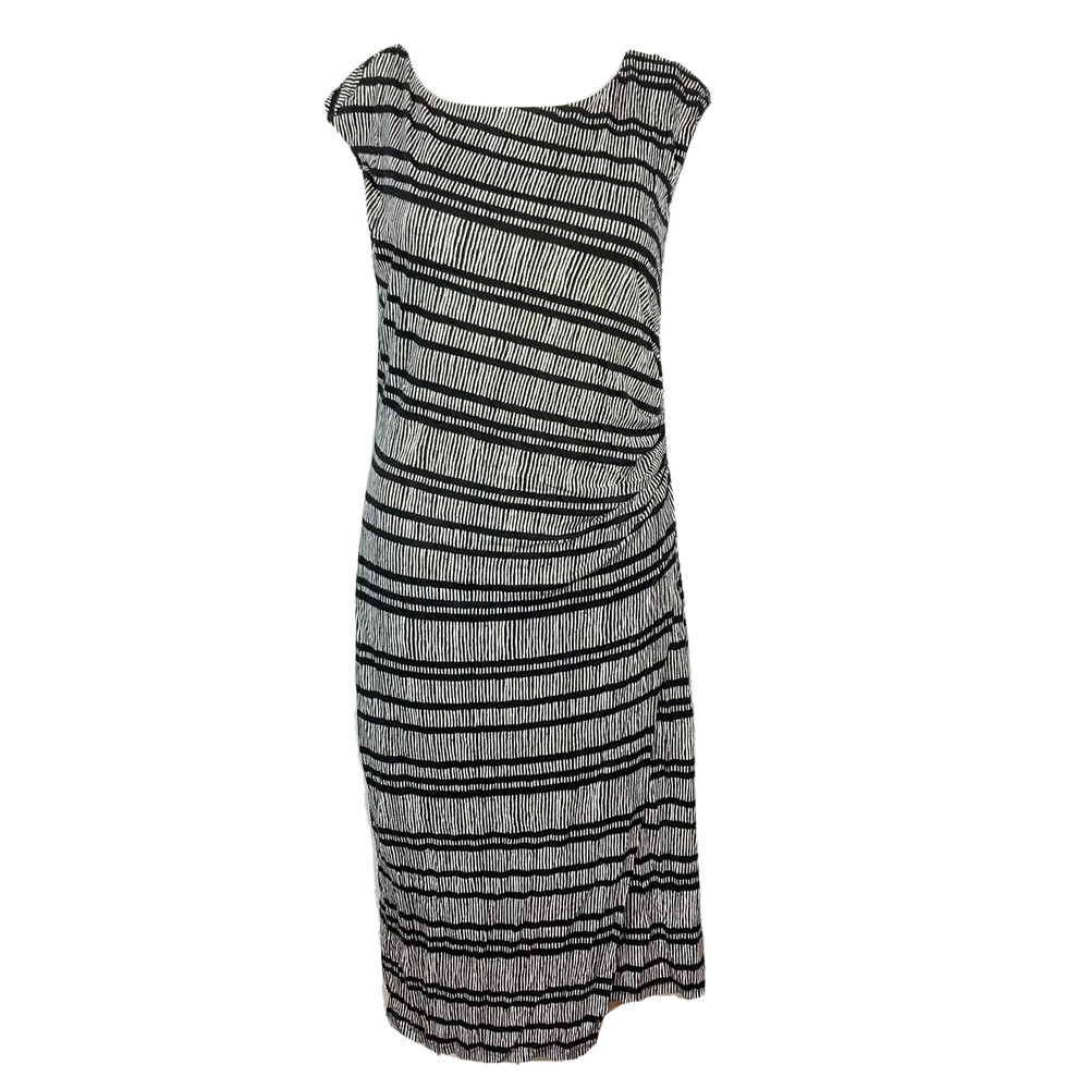 Loft Dress Womens Sz M Black Ivory Striped Ruched Cap Sleeve Sheath Stretch